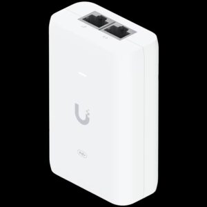 Ubiquiti U-POE+ adapter 30W, powers UniFi PoE+ devices, reduce dependency on PoE switch power, Contains RJ45 data input, AC cable with earth ground, and PoE+ output